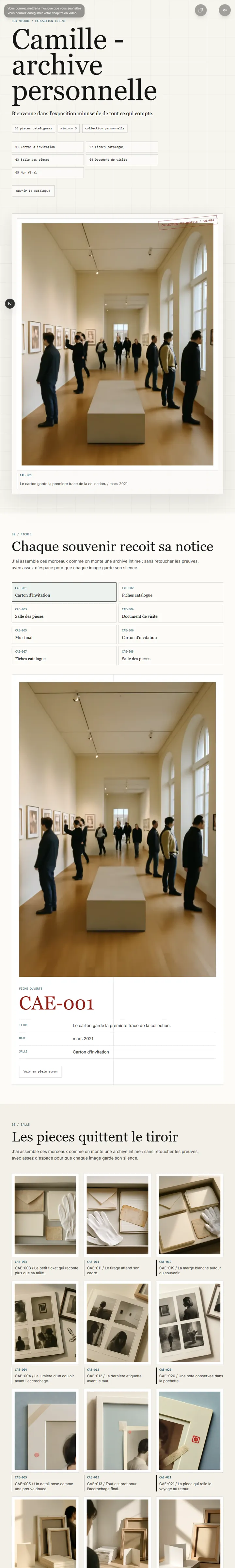 Aperçu — Classe tes souvenirs comme une exposition intime, des cartels précis jusqu’au mur final.