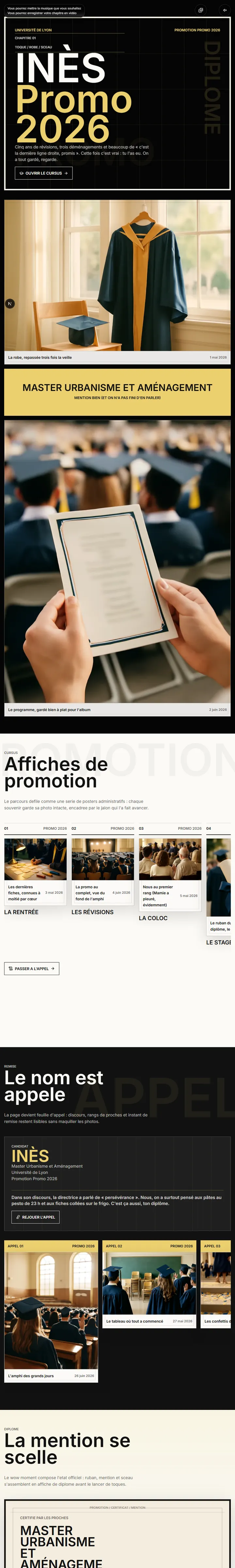 Aperçu — Affiche ton parcours poster après poster, jusqu’au diplôme scellé et au lancer de toque.